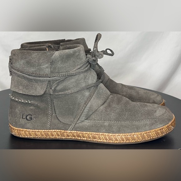 UGG Reid Suede Moccasin Lace-Up Booties Grey / Green Zip Closure Winter - Picture 8 of 14